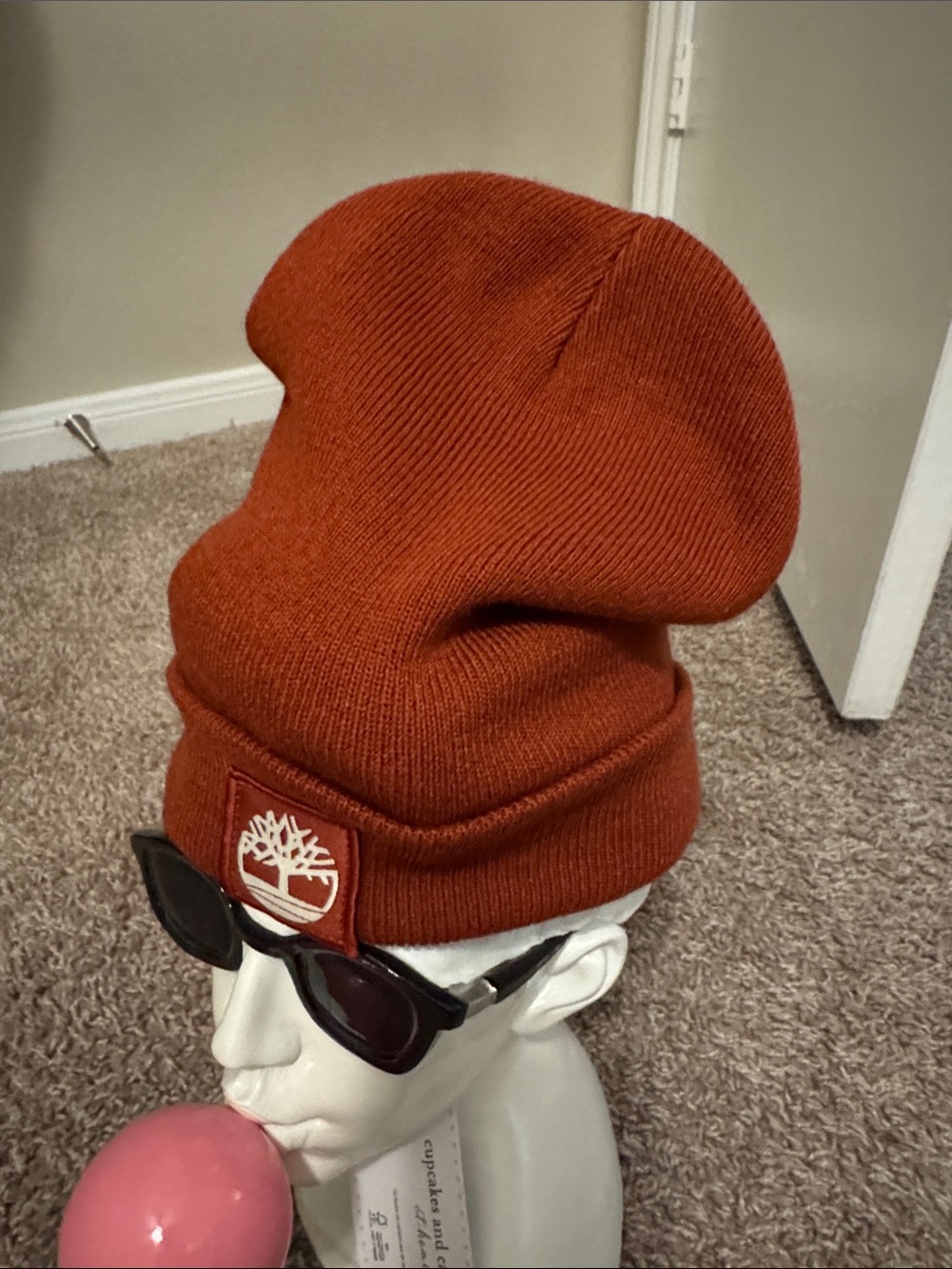 Timberland Men’s Rust Red Knit Beanie with Logo Patch